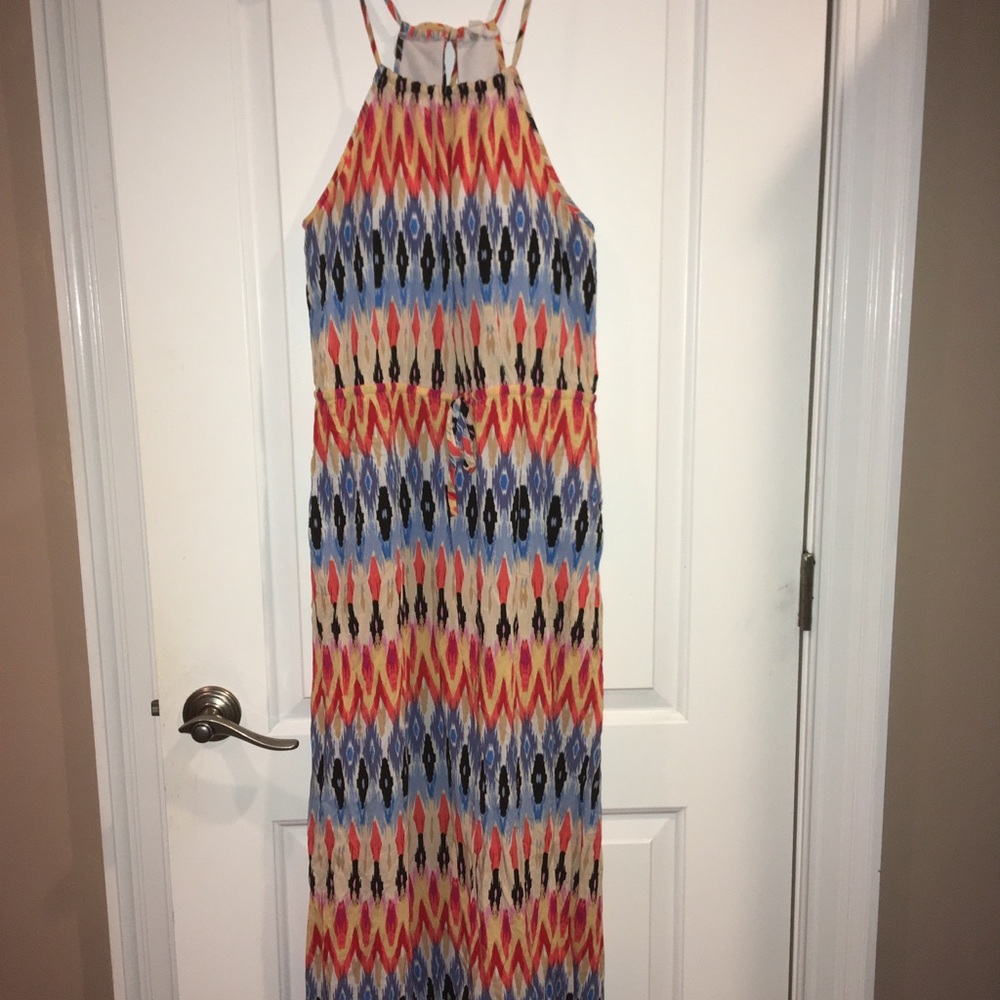 Athleta blue/red/orange/yellow ikat design halter maxi dress